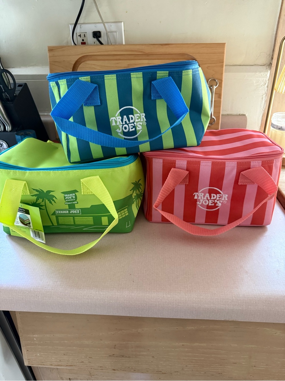 Trader Joe's Striped Insulated Lunch Bag - Blue & Lime (Plus Pink Variant)